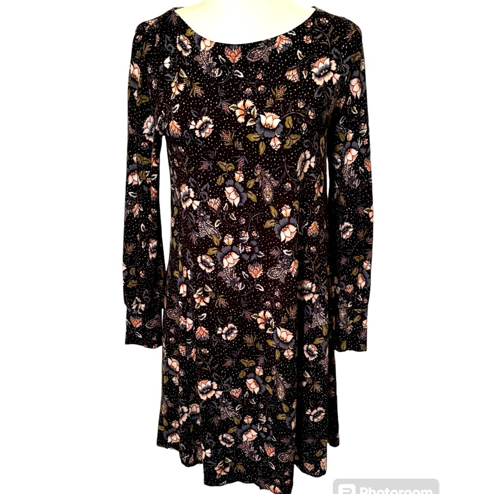 LOFT Black Jersey Knit Fit & Flair Long Sleeve Dress Buttoned Cuffs Size XS